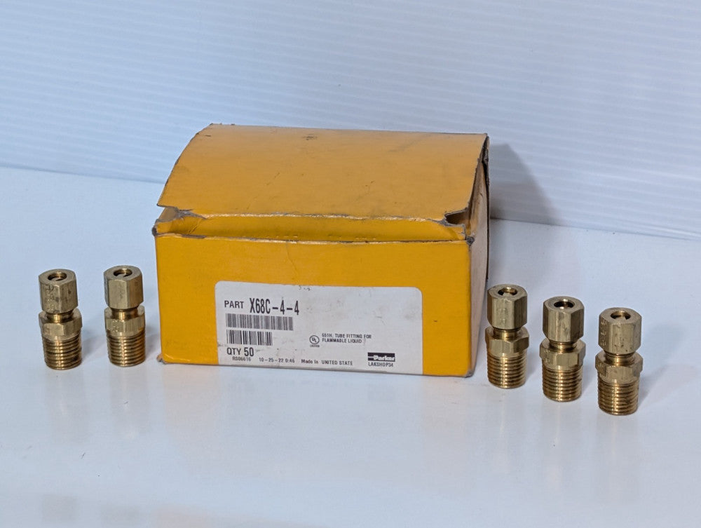 Box of 50: Parker X68C-4-4 Brass Tube Fittings for Flammable Liquid, Made in USA
