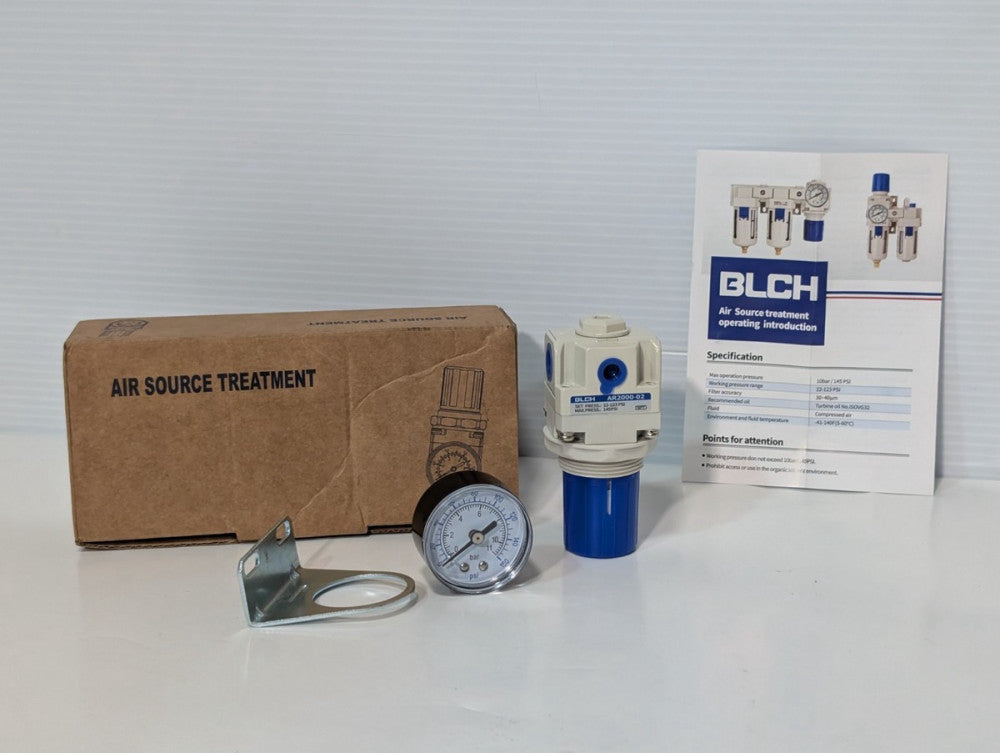 BLCH AR2000-02 pneumatic air pressure regulator with gauge, 1/4" NPT, 0-160 PSI