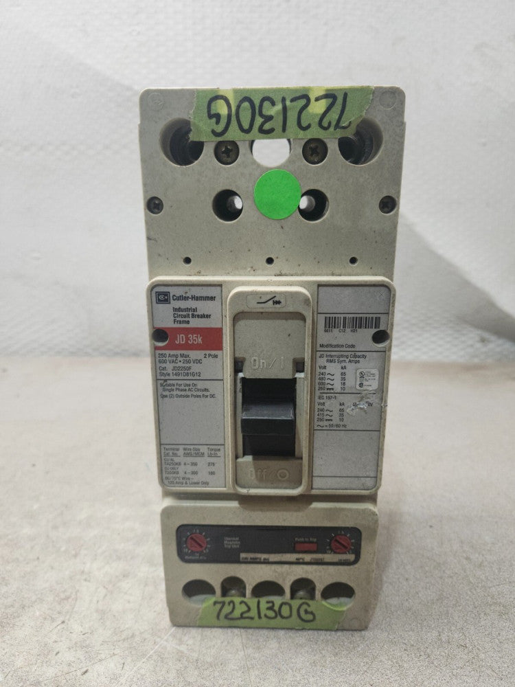 USED CUTLER HAMMER CIRUIT BREAKER 600VAC 250VDC 2 POLE JD2250F
