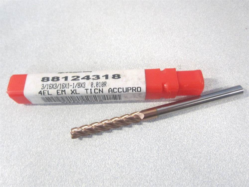 (12183212) 3/16" x 1-1/8" x 3/16" x 3" Solid Carbide 4FL Corner Radius End Mill