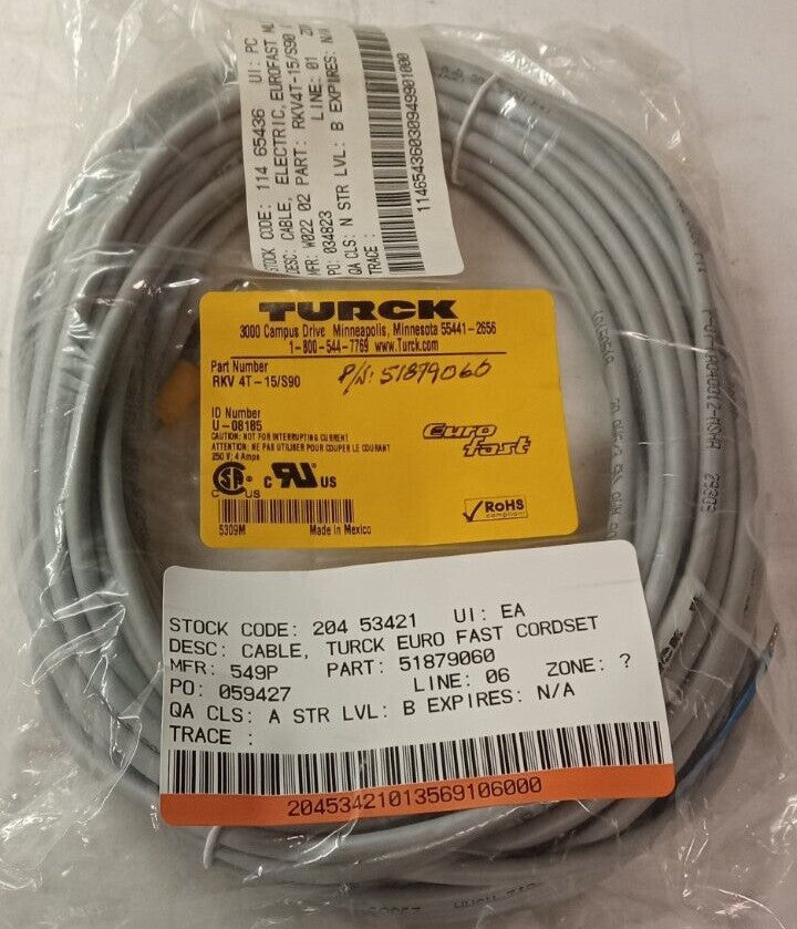 NEW TURCK M12 EUROFAST CORD 5 PIN FEMALE 300 V  RKV-4T-15/S90
