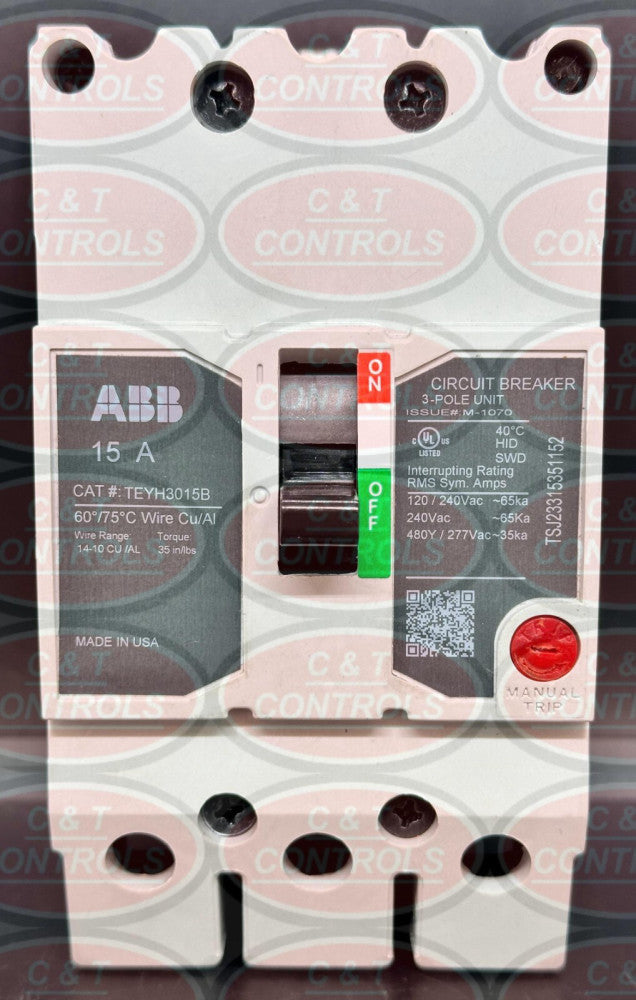 GE / ABB TEYH3015B 3P 15A Bolt On Circuit Breaker New No Box USA Stock