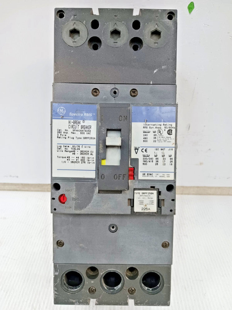 GE 250 Amp Circuit Breaker 3P 600 VAC SFHA36AT0250 W/ 225 Amp Trip Plug *Chipped