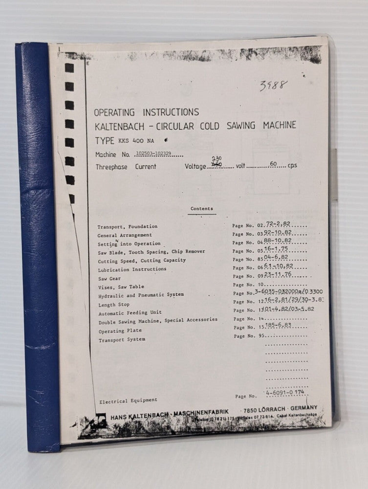 Kaltenbach KKS400NA Circular Cold Sawing Machine Operation Instructions Manual