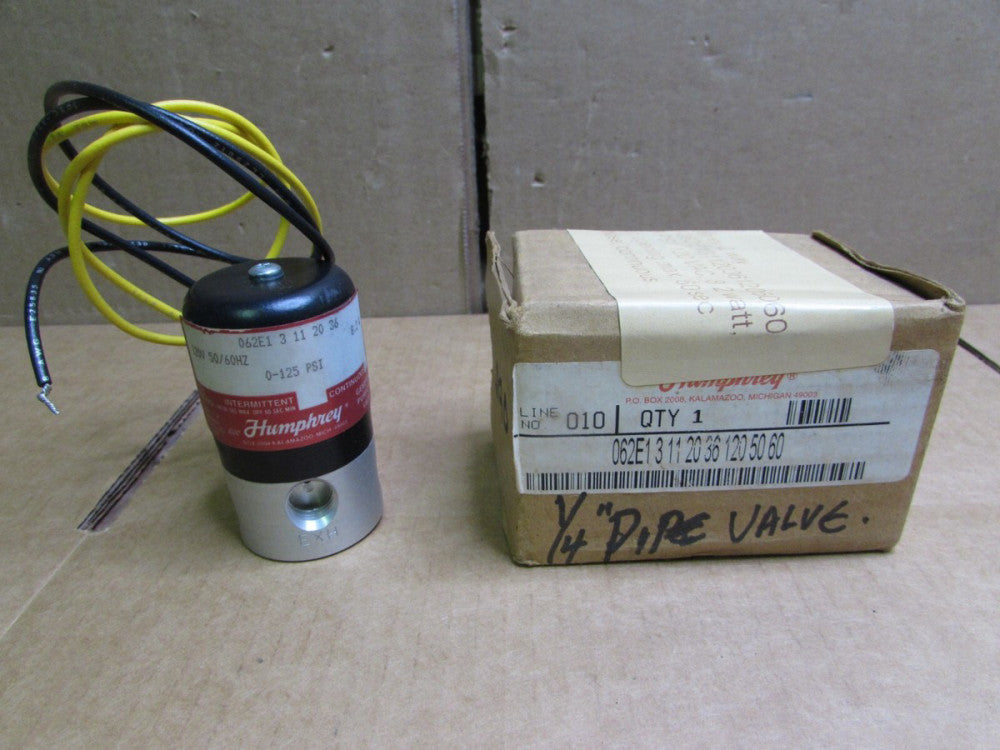 HUMPHREY, 062E1-3-11-20-36, 2-WAY SOLENOID VALVE 120V COIL, NIB! MAKE OFFER!