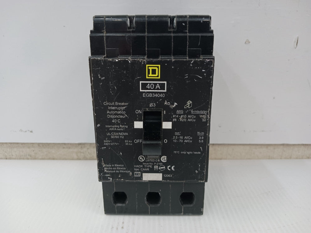 Square D 40 Amp Bolt-On Circuit Breaker 3 Pole 480Y/277 VAC 35kA EGB34040