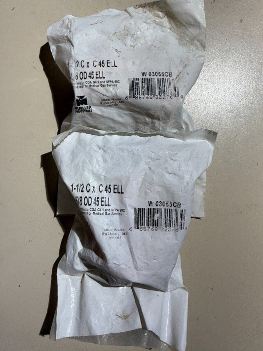 (Lot of 2) 1-Pack Mueller 1-1/2 C x c 45 Copper Elbow 1-5/8 OD W 03055CB