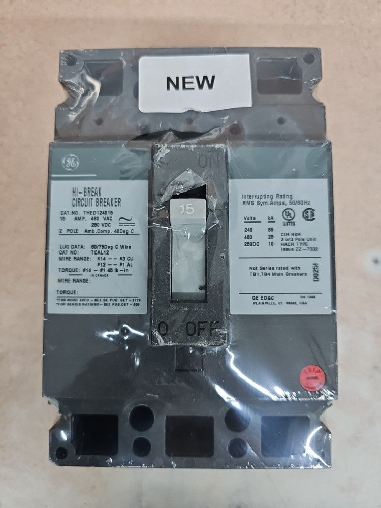 GE THED124015 Bolt-On Circuit Breaker 15A 480V 2P 1PH NOS