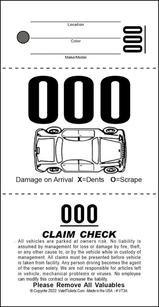 3 Part Valet Parking Tickets (1000 Tickets) on 110lb Card Stock 1000, White 