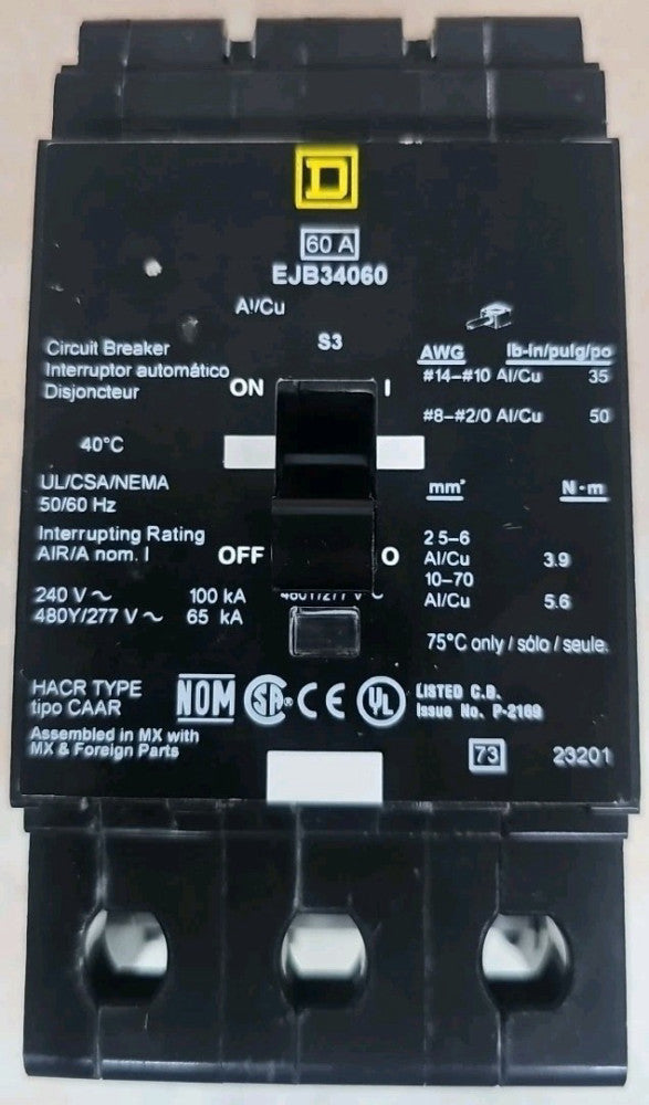 NEW Square D 60 Amp Bolt-On Circuit Breaker 3 Pole 480Y/277 VAC EJB34060 NT