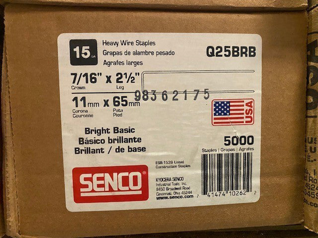 (Case of 5,000) Senco Q25BRB 7/16" Crown 2-1/2" Leg 15 Ga Bright Basic (NEW)
