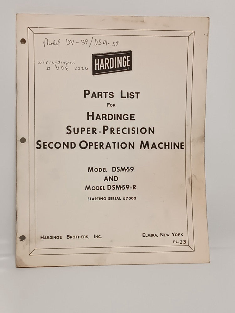 Hardinge DSM59/59-R Super Precision Second Operating Machine Parts List Manual