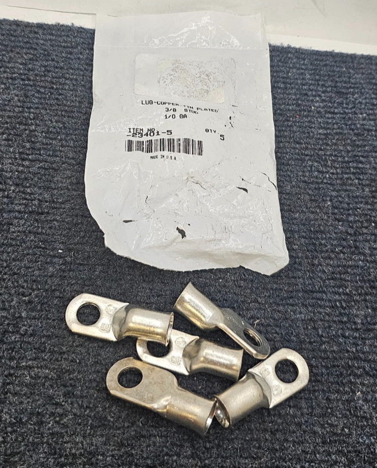 (QTY 5) 23401-5: 3/8 Stud Tin-Plated Copper Lug Terminal 1/0 GA