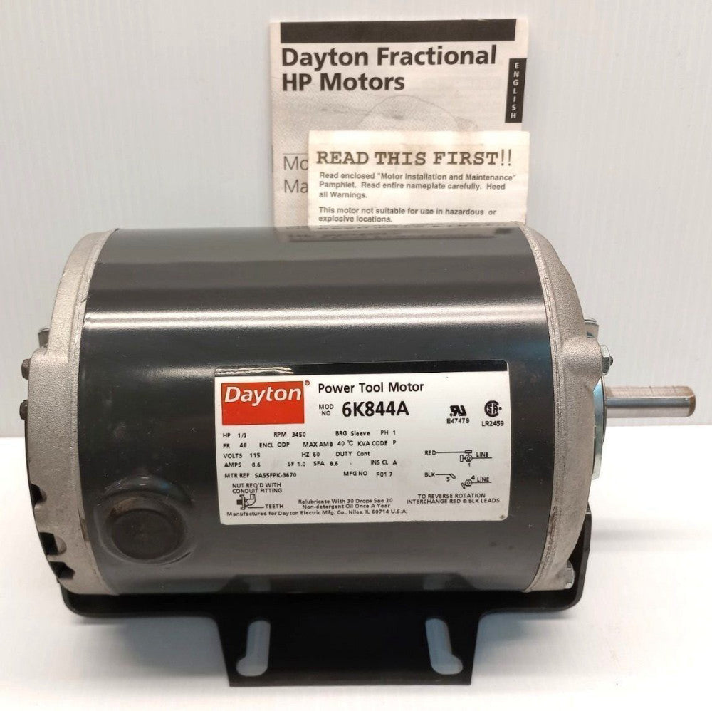 Dayton 6K844A Power Tool Motor 1/2 HP 3450 RPM 1/2" Flat Shaft Single Phase