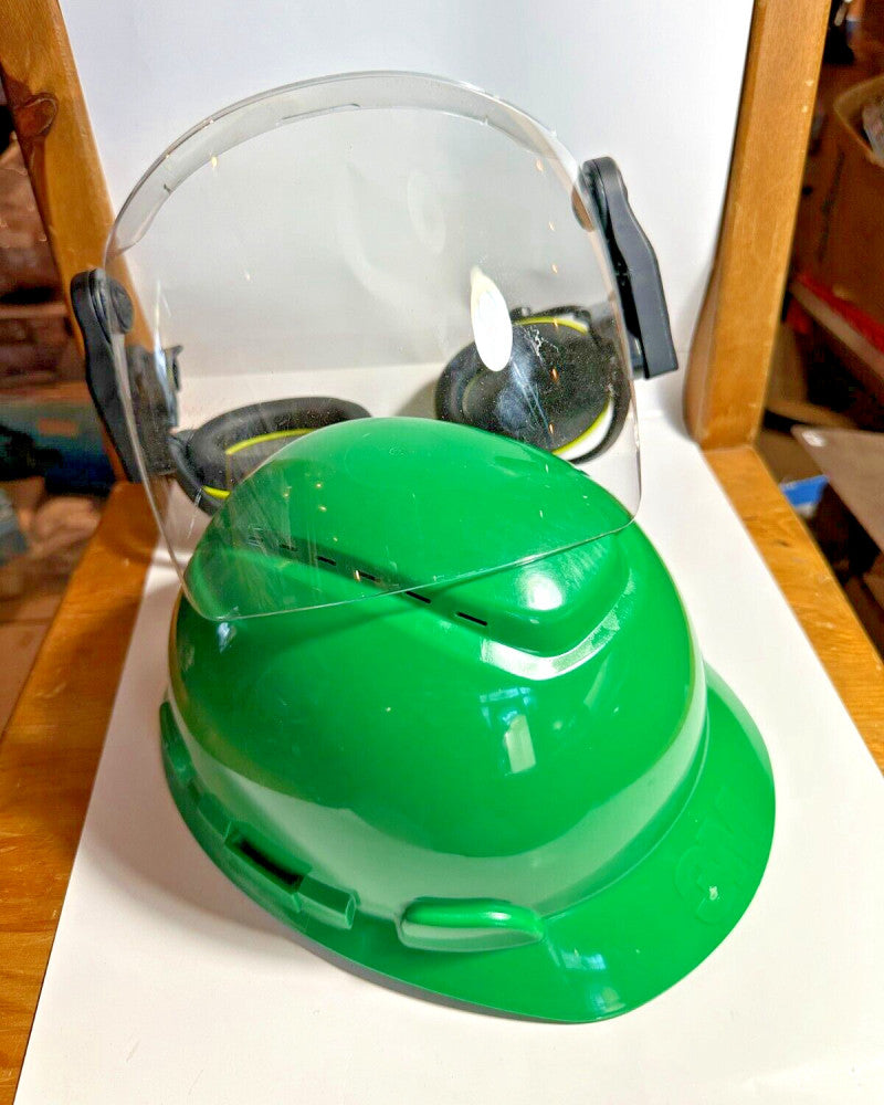 3M H-700V Green Hard Hat & W166 39B Z87 + Hex Armour D3 Visor Ear Muffs Combo
