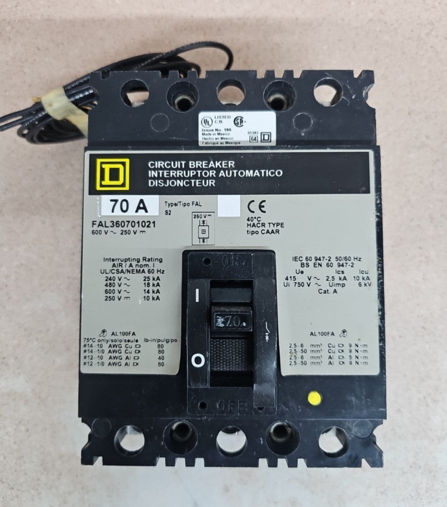 SQUARE D FAL360701021 CIRCUIT BREAKER 70 AMP 600 VAC 3P NTO