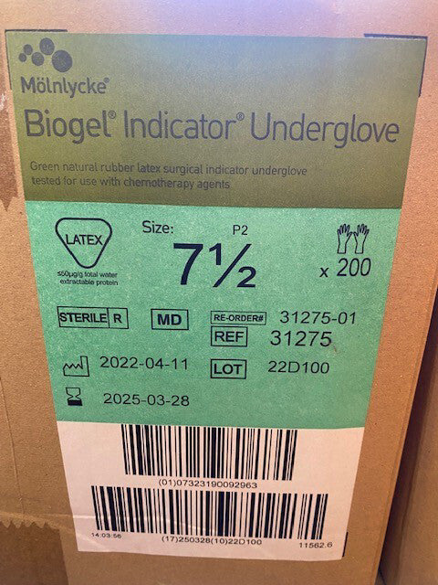 200 PAIR MOLNLYCKE 31275 Biogel Latex Surgical Indicator Underglove 7.5 EXP 3/25