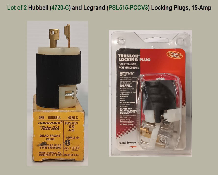 Lot of 2 Hubbell (4720-C) and Legrand (PSL515-PCCV3) Locking Plugs, 15-Amp, 125v