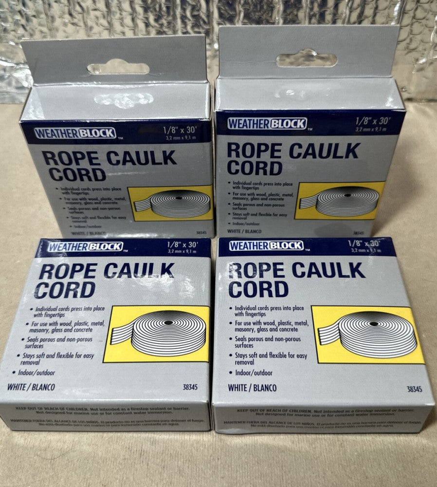 (Lot of 4) Weather Block Rope Caulk Cord 1/8" x 30' WHITE 38345