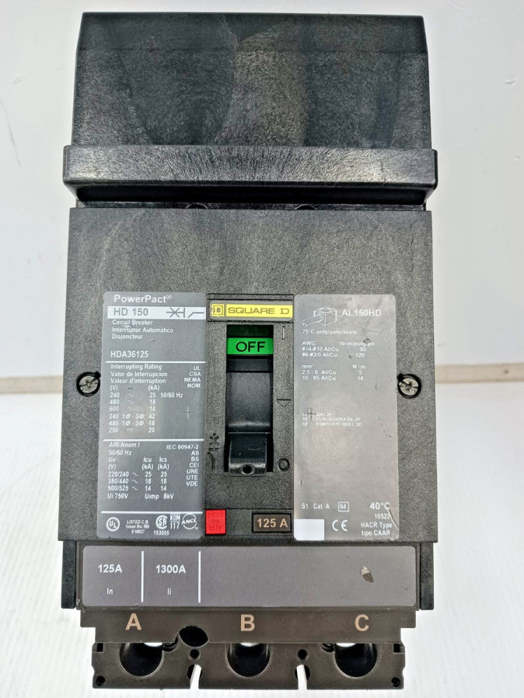 Square D PowerPact 125 Amp I-Line Circuit Breaker 3 Pole 600 VAC 18kA HDA36125