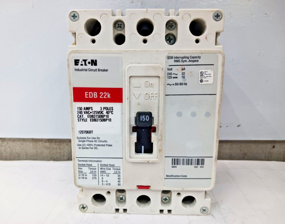EATON 150 AMP CIRCUIT BREAKER 3 POLE 240 VAC EDB3150BP10