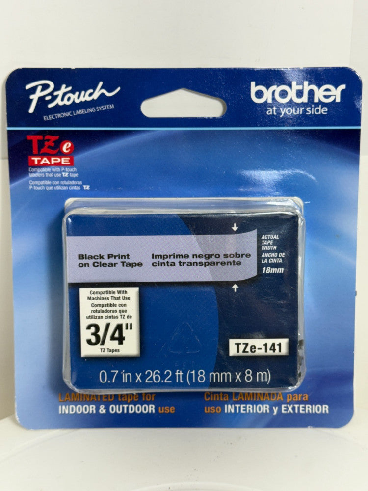 Brother P-Touch Labeler TZe Tape TZe-141 Black Print on Clear Tape 3/4" 18mm