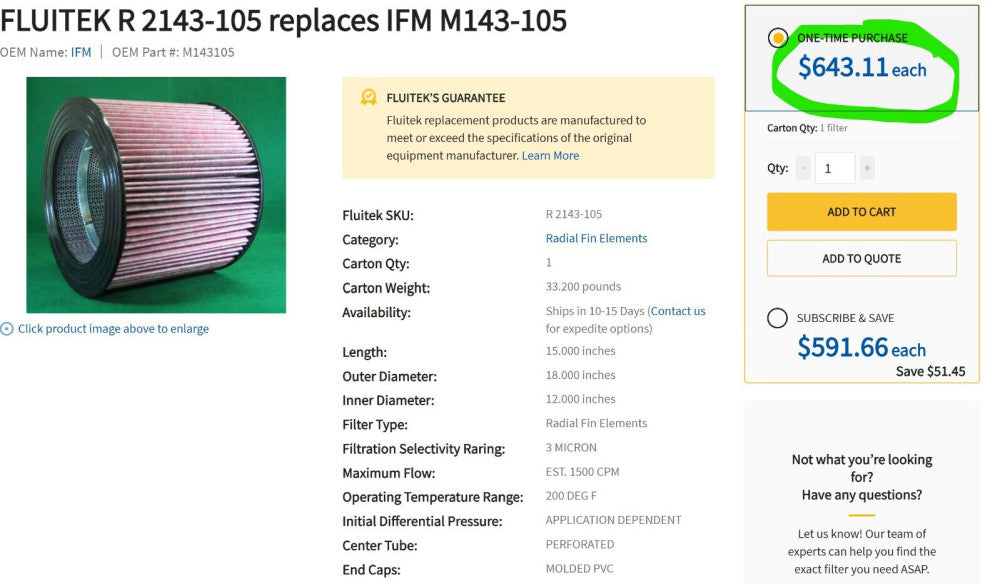 IFM143-105, FLUITEK R 2143-105, Ingersoll-Rand 1X8263 NEW AIR FILTER [M13S4]    