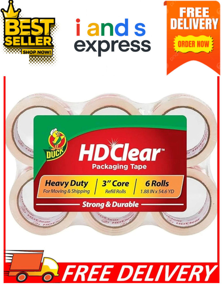 Duck HD Clear Heavy Duty Packing Tape Refill, 6 Rolls, 1.88 Inch x 54.6 Yard