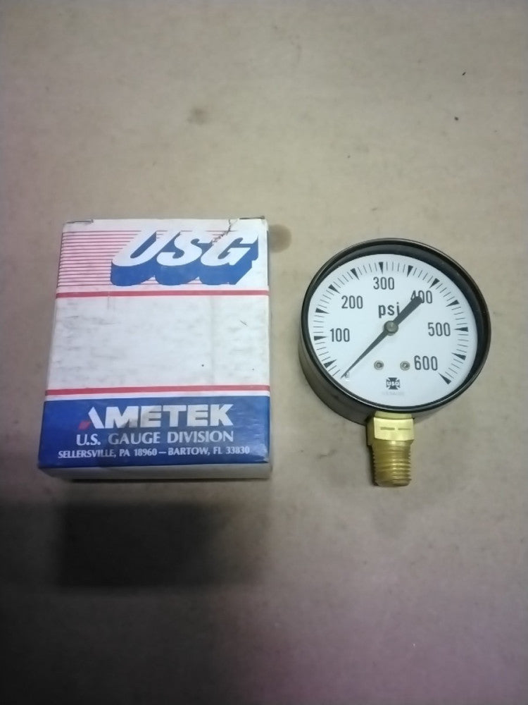 US Gauge Ametek 0-600 PSI Pressure Gauge 2 1/2 in Dial USA Bottom 1/2" Stem 