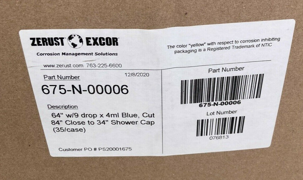 ZERUST EXCOR 675-N-0006 RUST PROOF BLUE BAGS 64" DROP 84"TO 34" BOX OF 6
