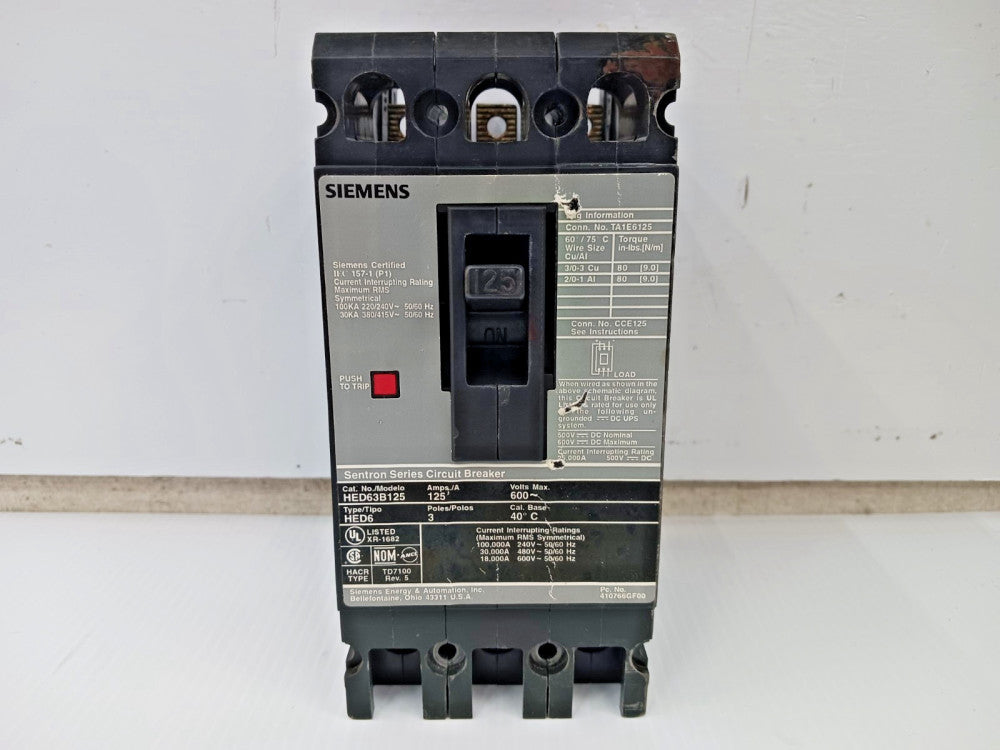 Siemens Sentron 125 Amp Circuit Breaker 3 Pole 600 VAC 30kA HED63B125