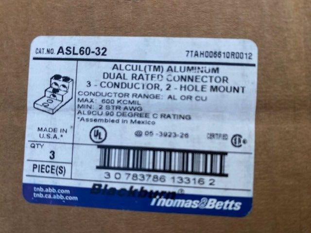 (3 PACK) Thomas & Betts /Blackburn ASL60-32 Aluminum Dual Rated Connector 2 Hole