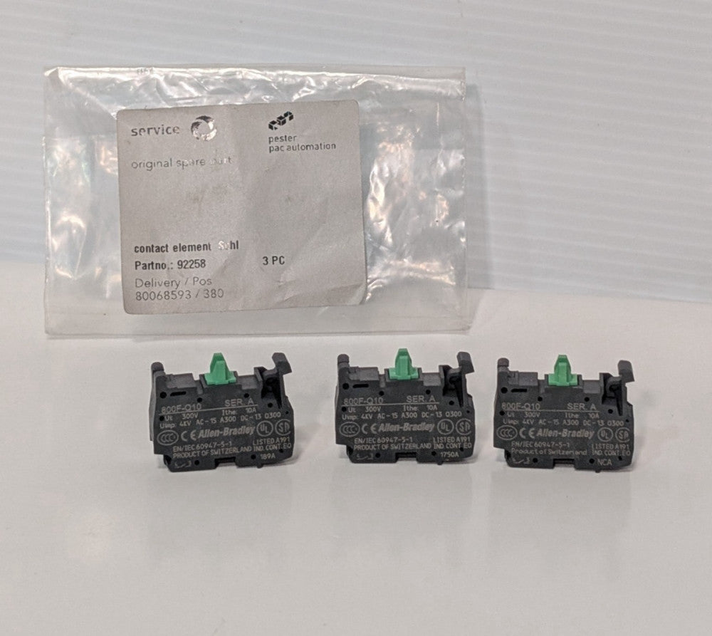 (3) Allen-Bradley 800F-Q10 Contact Blocks, Ser A, 300V, 10A, Made in Switzerland