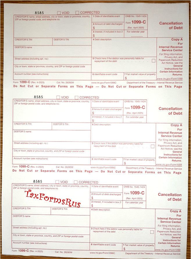 Official IRS Tax Form 1099-C single sheet set for 3 debtors NONcarbonless, 2-pt