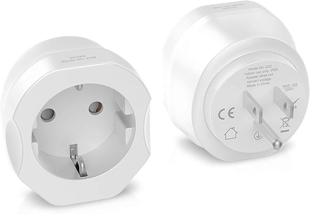 1 Pack European to US Plug Adapter, VINTAR EU Europe White 