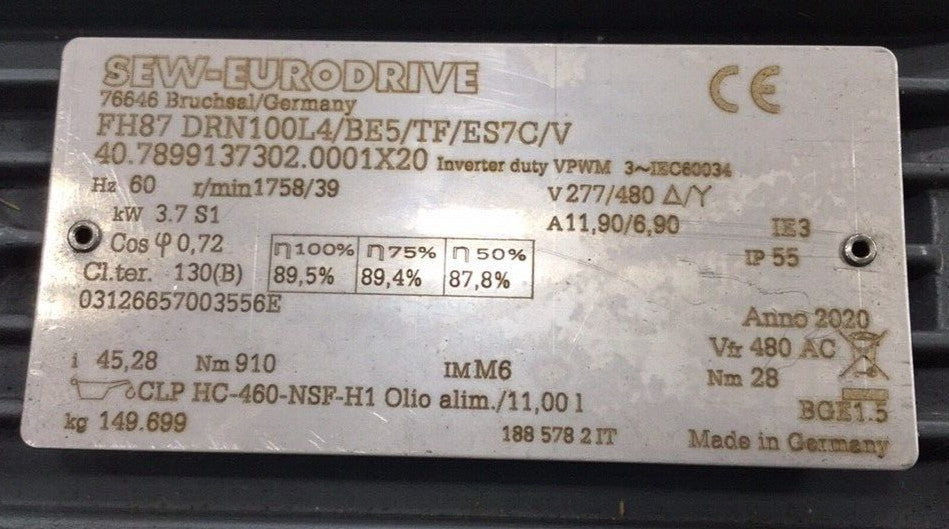 SEW Eurodrive FH87 DRN100L4/BE5/TF/ES7C/V 45.28:1 Used Gear Motor 3 Phase