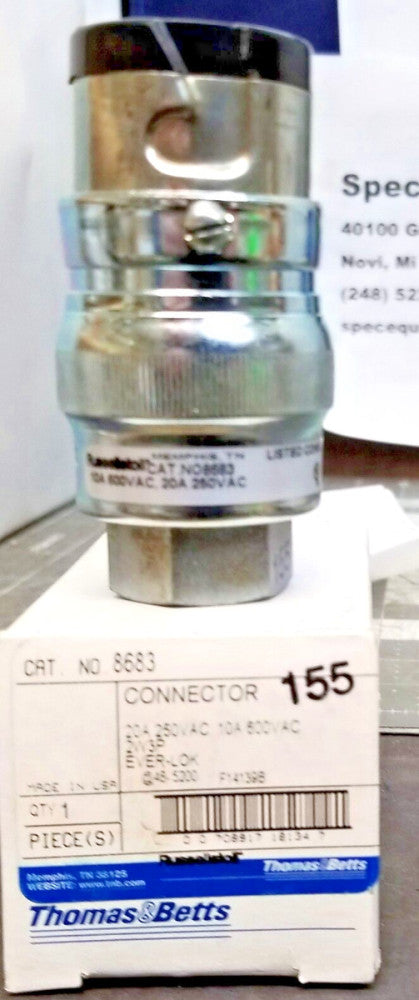 T&B RUSSELLSTOLL 8683 EVER-LOK CONNECTOR 20A 250/600VAC 3 Pole 2 Wire, 600V[A8S2