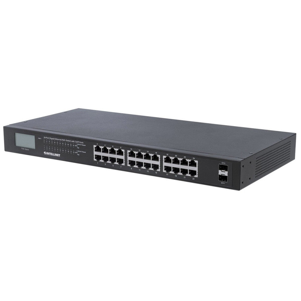 24-Port Gigabit Ethernet PoE+ Switch with 2 SFP Ports and LCD Screen