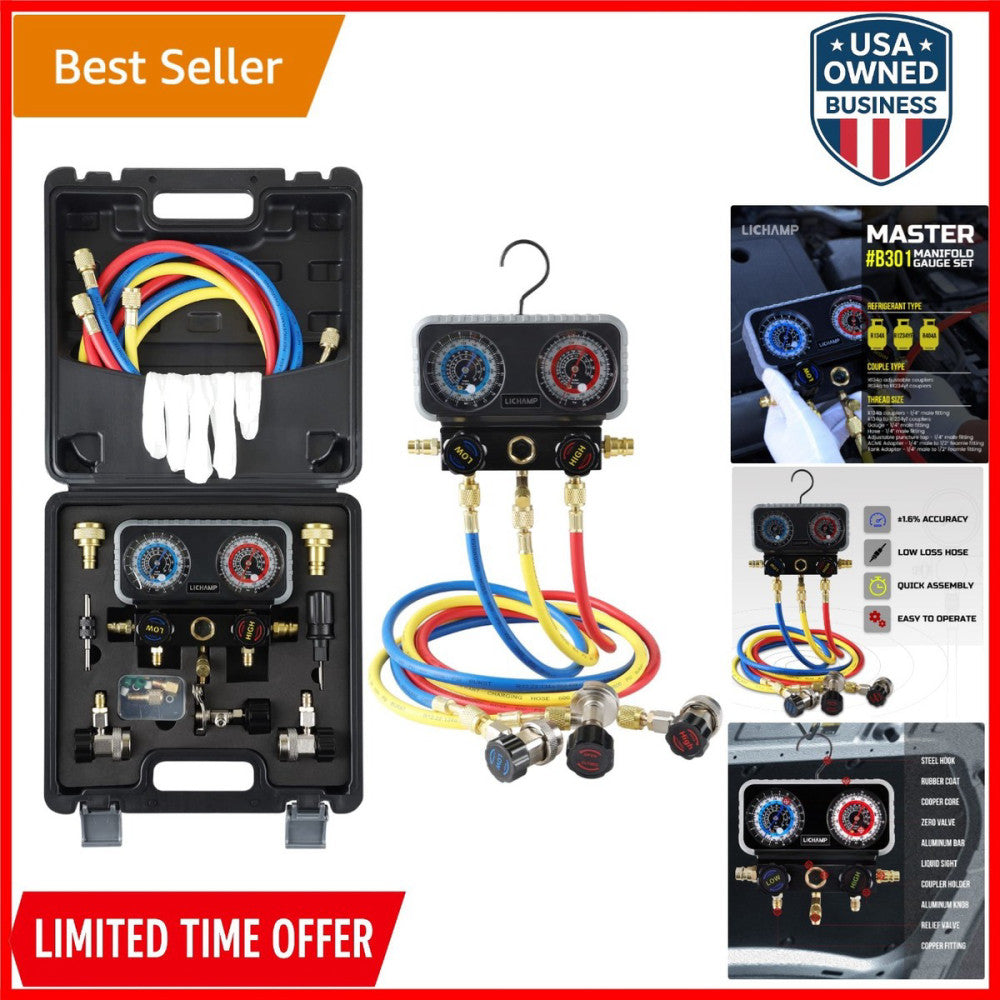 Automotive Refrigerant Gauge Set Brass Aluminum 3-Way R1234YF R134A R404A