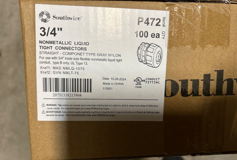 (Qty. 100) Topaz P472 3/4" non-metallic liguid tight straight connector
