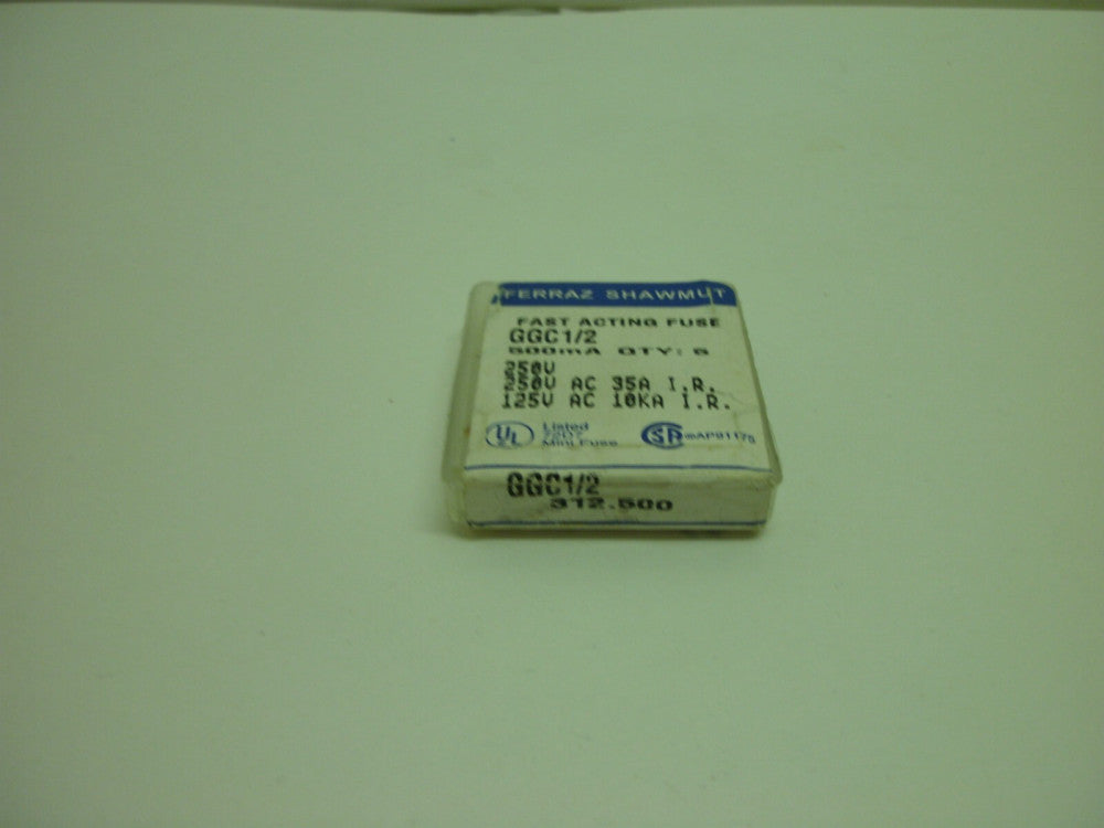 FERRAZ SHAWMUT GGC1/2 FAST-ACTING FUSE 500MA 250V 1-(BOX OF 5) NEW IN SEALED BOX