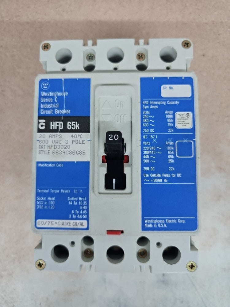 Westinghouse HFD3020 HFD 65K 20A 3Pole Circuit Breaker NTO