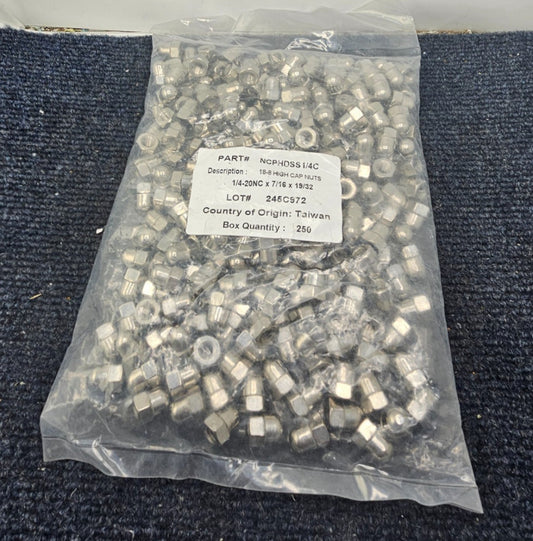 (250 PCS) NCPHDSS1/4C: 1/4-20 x 7/16 x 19/32 High Cap Nuts 18-8 Stainless Steel
