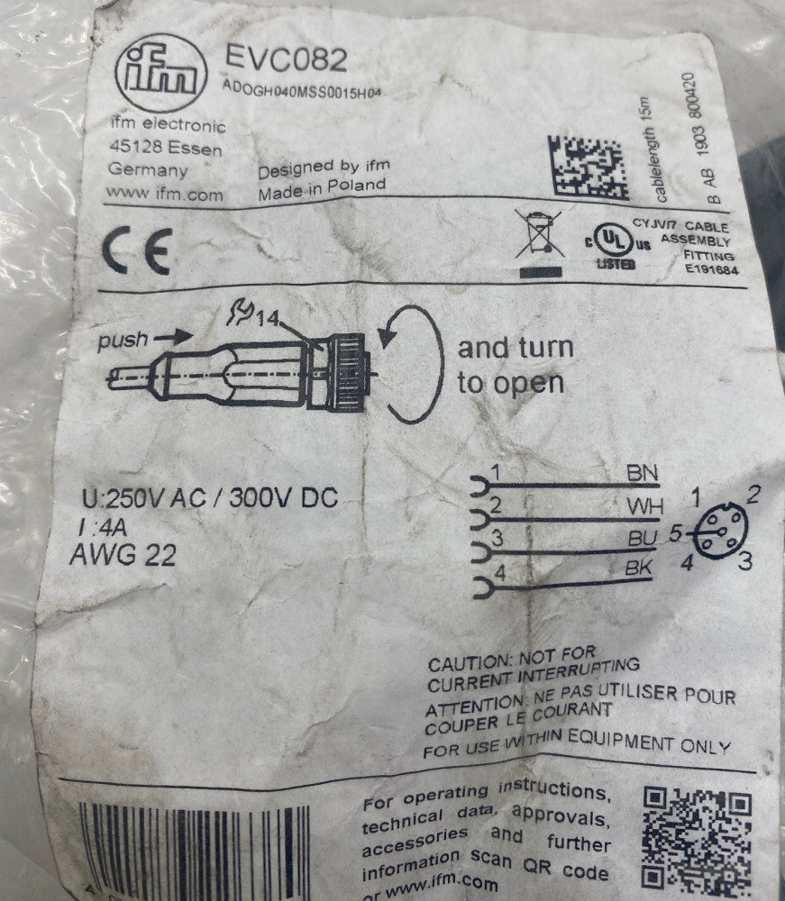 NEW IFM EVC082 Single Ended Cordset, M12 Female to Pigtail, 15M, AWG22 