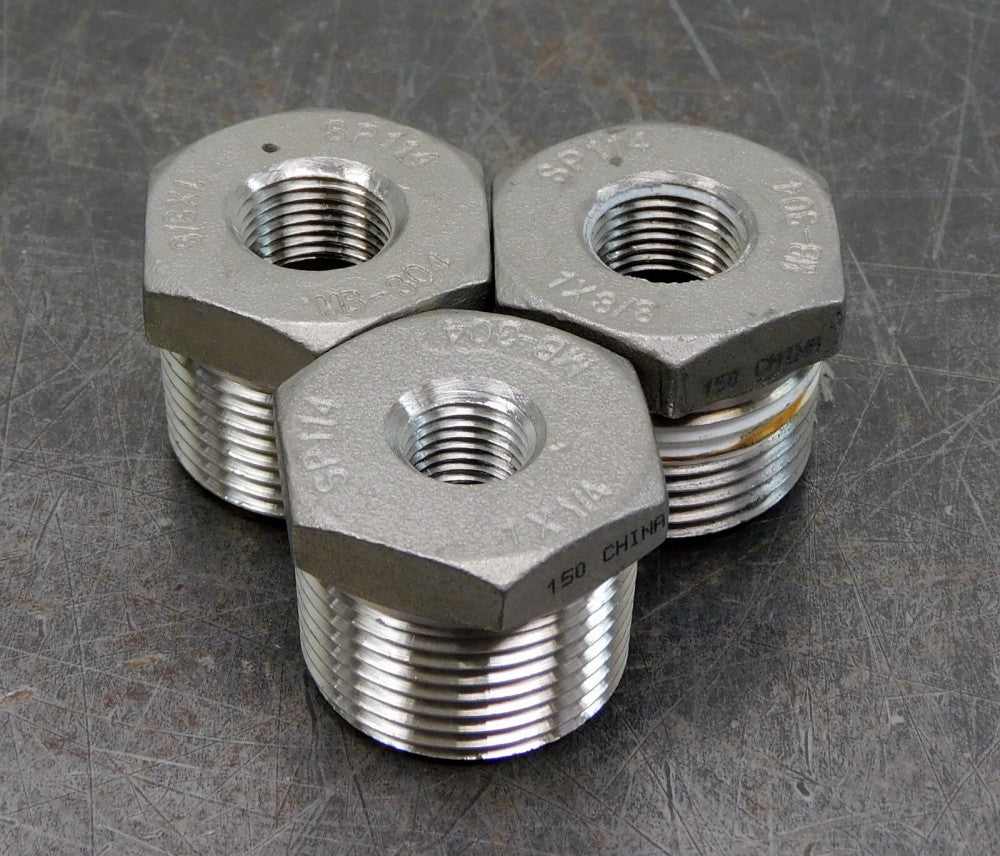 Lot of Three (3) 304 Stainless Steel SS Reducing Hex Bushing 1" x 3/8" NPT MB304