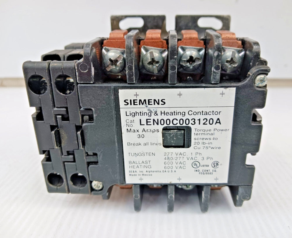 SIEMENS 30 AMP LIGHTING & HEATING CONTACTOR 600 VAC 3 PHASE LEN00C003120A