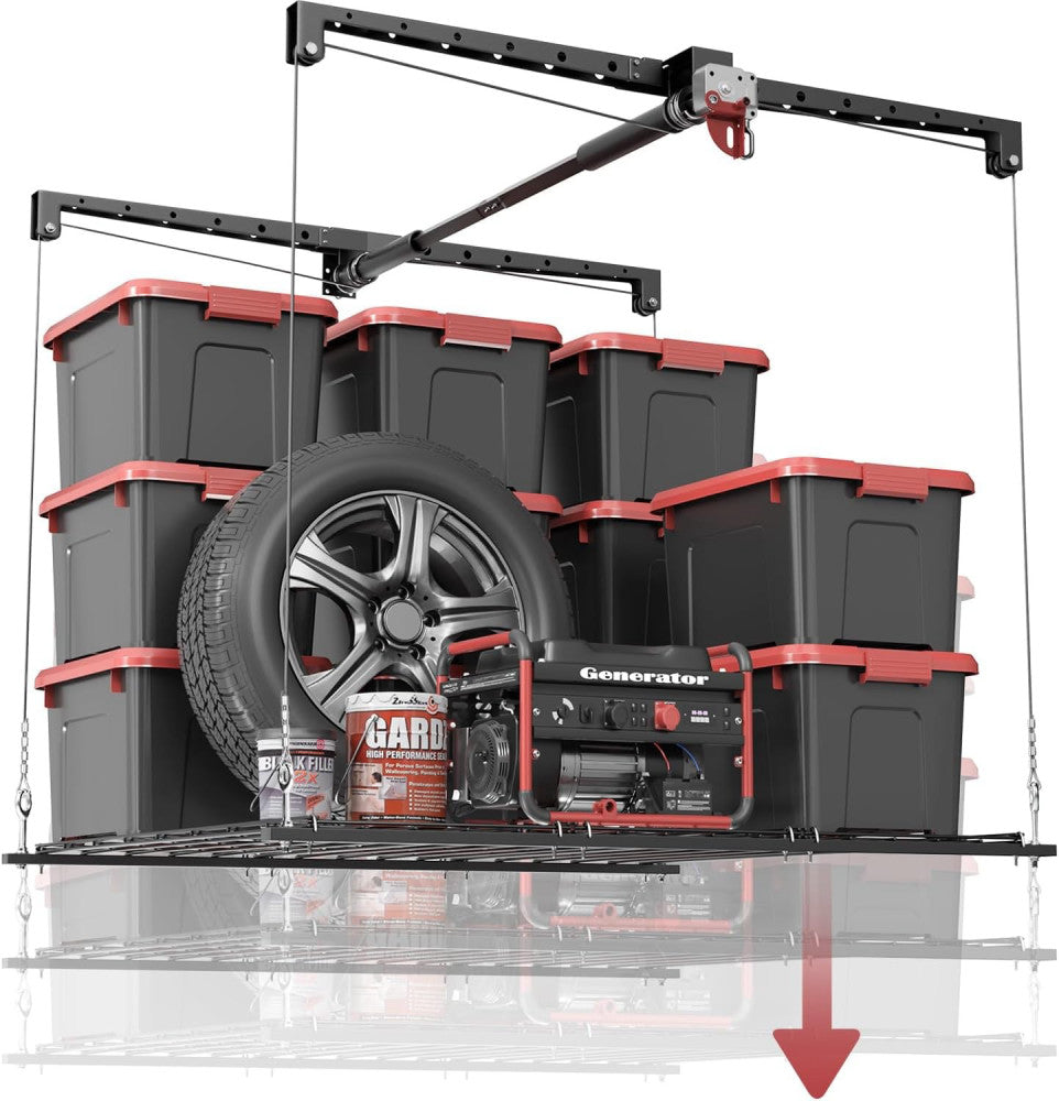 Overhead Garage Storage Rack, Heavy-duty 4x4 FT 8-11 ft Ceiling, Matte Black 