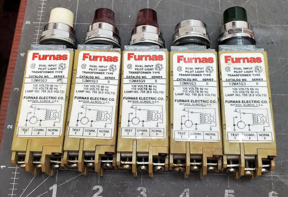 (5) FURNAS 52MA DUAL INPUT PILOT LIGHTS RED, GREEN, WHITE 120/110V 60/50 [OF28] 