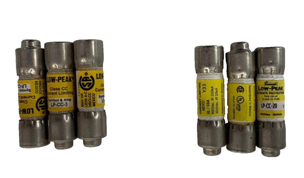 LOW PEAK, ASSORTMENT OF TIME DELAY FUSES, 3AMP & 20AMP, LOT OF 6