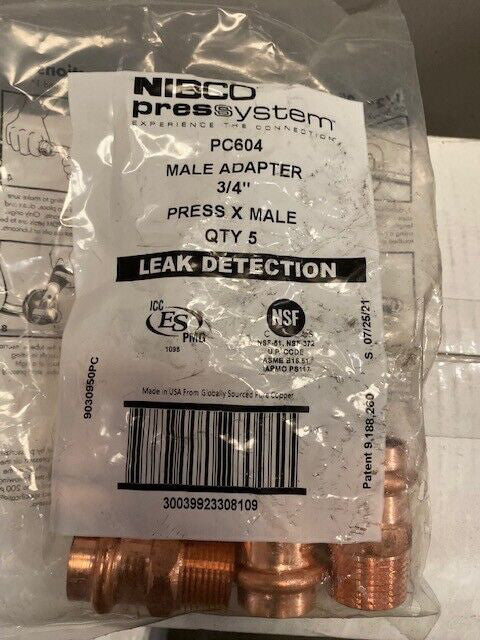 5 Pack - Nibco Press System PEX PC604 Copper Metal Male Adapter 3/4" (NEW)